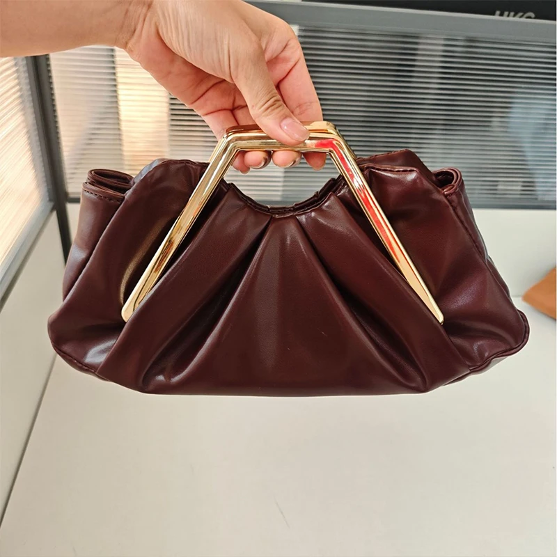 

Women Leather Dinner Bag With Metal Frame Handle Pleated Design Elegant Handbag Creative Cloud Party Bag Magnetic Buckle Purse