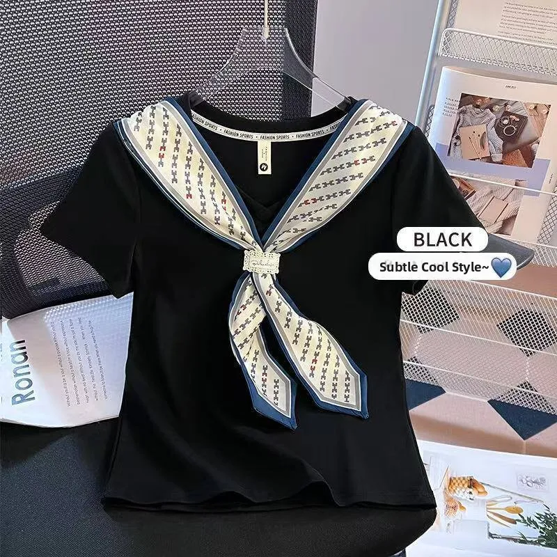 Summer Korean Style T-Shirt Design High-End Feel Silk Scarf Fashionable Versatile Slimming Trendy Top Women's Short Sleeve Cr...