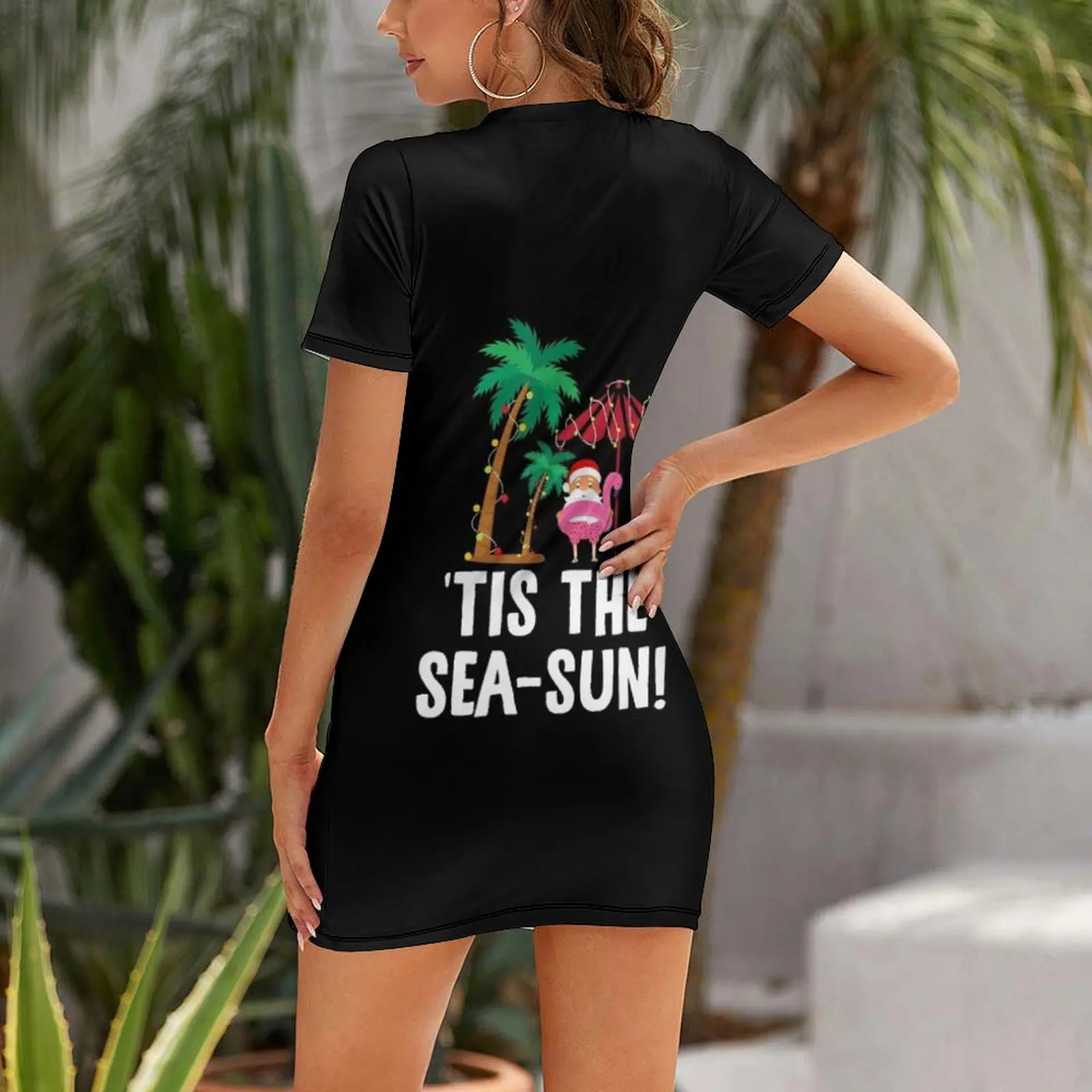 Tis the Sea-Sun Tropical Christmas Season Santa Flamingo Fan Short Sleeved Dress prom dresses dresses for women Dress