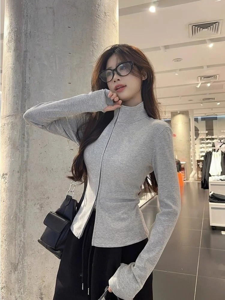 Women's 2026 Autumn New Korean Stand Collar Embroidery Double Zip Up Slim Fit Yoga Top Sweatshirt Hot Girl Streetwear Coquette
