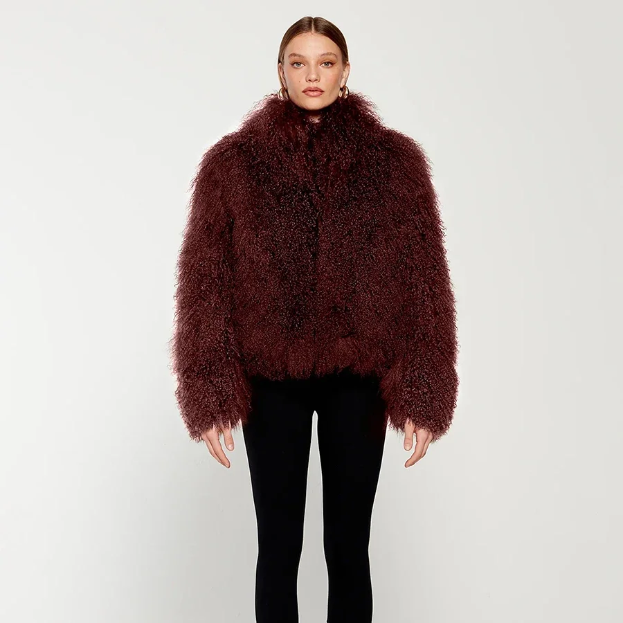 Women's Natural Fur Coat Real Mongolian Fur Coat Curly Lamb Fur Coat High Collar Winter Warm Cropped Fur Jacket Luxury