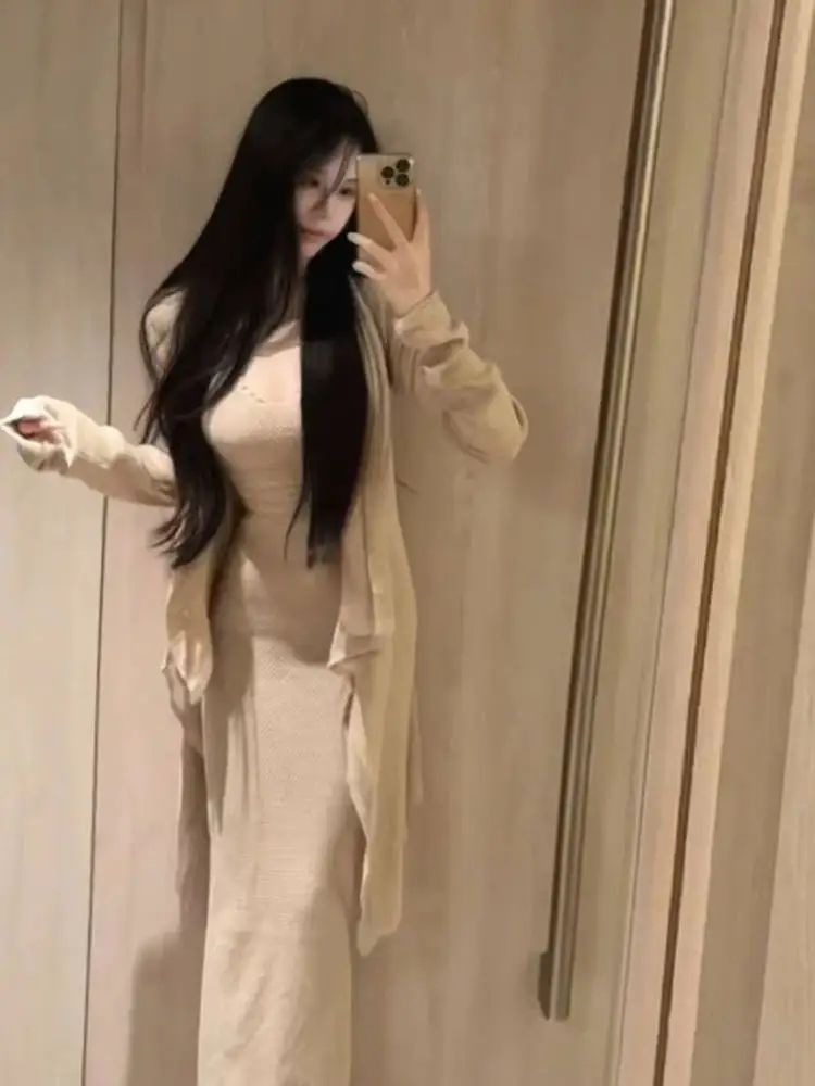 

Корейский стиль: комплект из двух предметов – кардиган и платье с длинным рукавом, V-образный вырез, средняя талия, хлопок, комфортный, для создания образа в стиле Pure Desire.