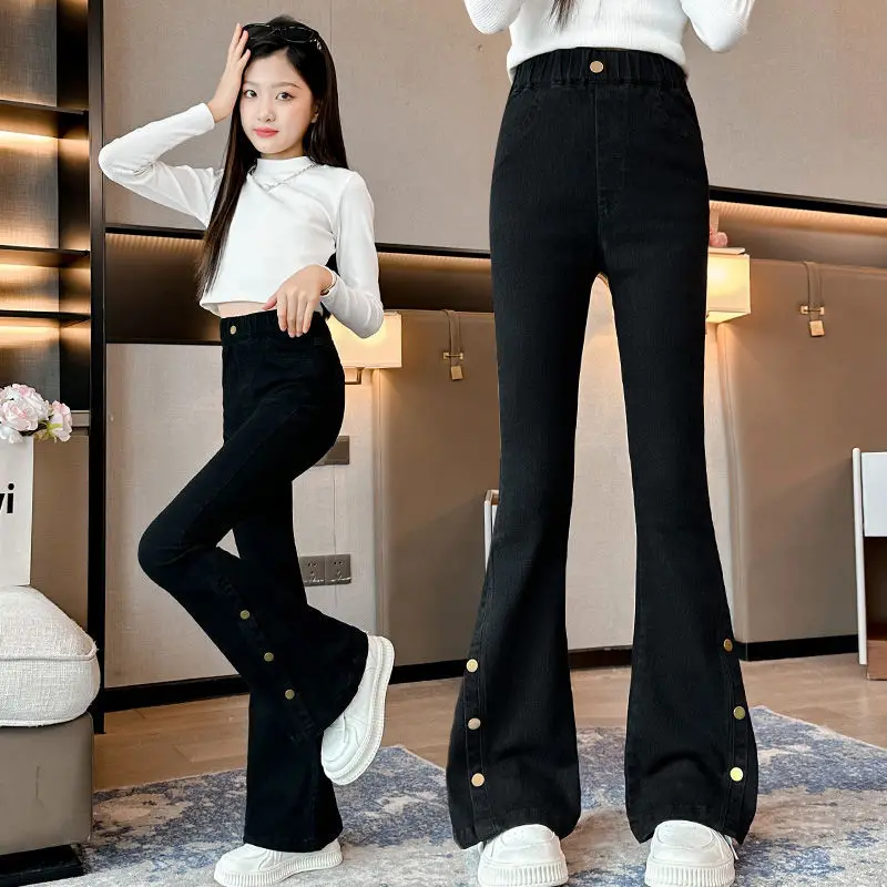 New Arrival Fashion Jeans for Girls Kids Age 5-14 Years Black Vintage Tight Denim Flare Pants Spring Autumn Teenage Children's S