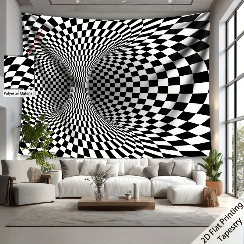 VIKAMA Optical Illusion Checkered Tapestry Black and White 3