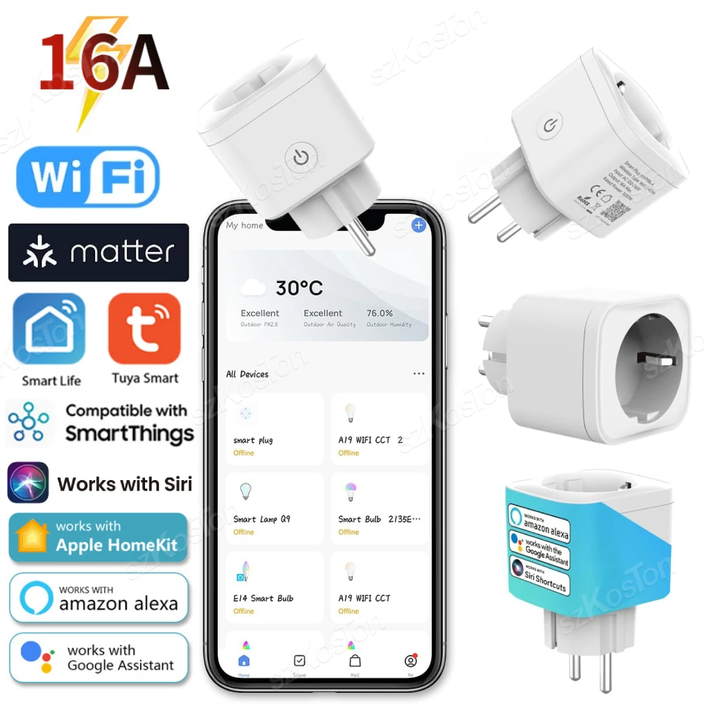 16A/20A Matter WiFi Smart Plug Tuya Smart Socket presa di corrente per elettrodomestici per HomeKit SmartThings funziona con Siri Alexa Google