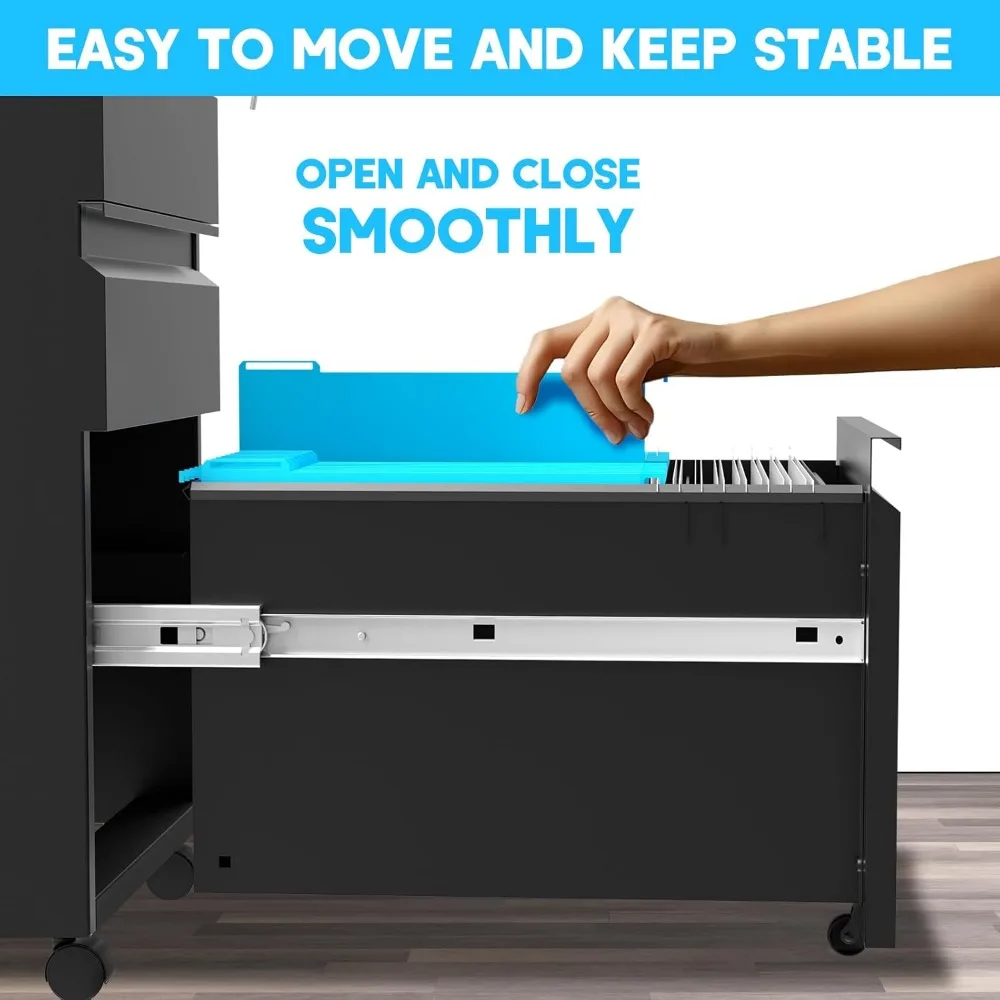 خزانة ملفات متنقلة بثلاثة أدراج مقاس 24 بوصة - خزانة ملفات جانبية للمكتب مع قفل/2 مفتاحًا، خزانة ملفات معدنية تحت المكتب مع ضبط