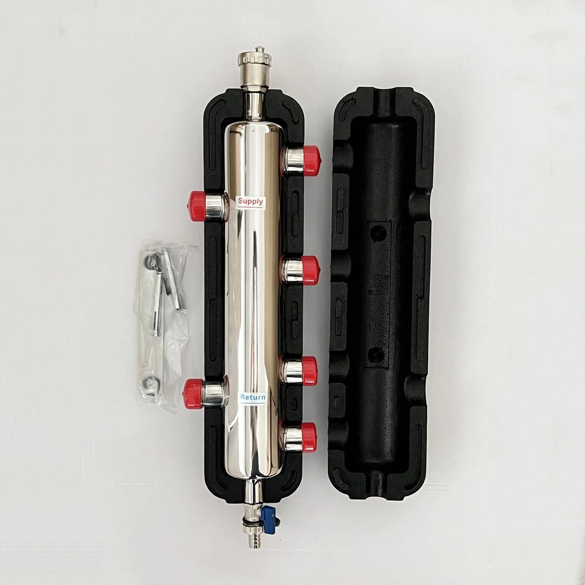 DN25 304Stainless Steel Hydronic Decoupler Tank – 2-In-4-Out Manifold Buffer Tank for Wall-Hung Boiler,Underfloor Heating System