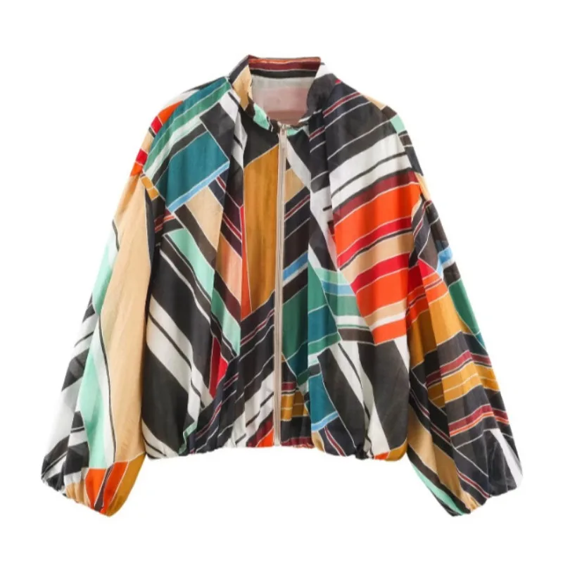 Foreign Trade Hot-selling 2026 European and American Fashion Loose Zipper Stand-up Collar Striped Bomber Jacket Women Commuting