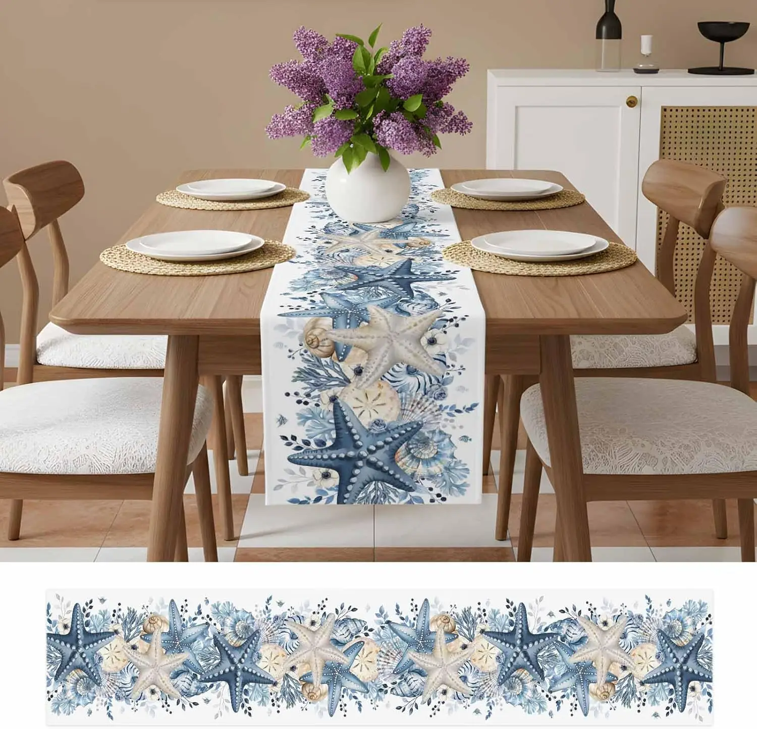 Navy Blue Coastal Linen Table Runner Table Decor Summer Starfish Eucalyptus Leaves Nautical Kitchen Table Runners Party Decor