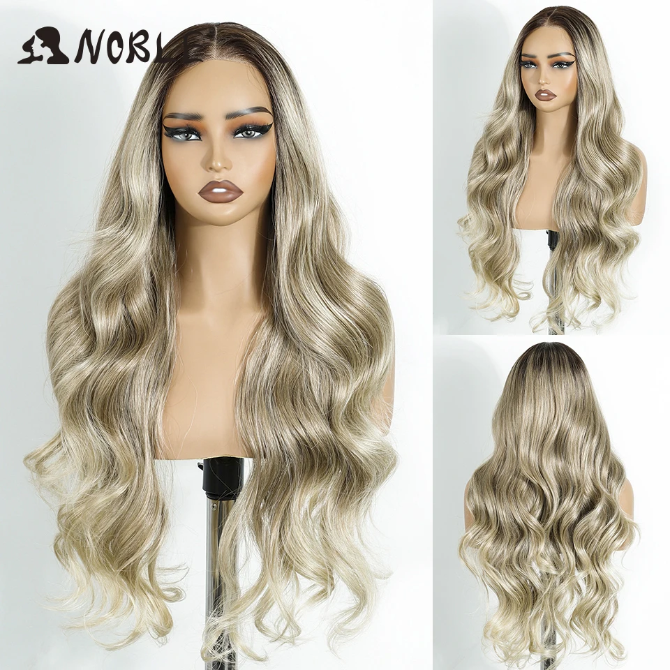 Edle, synthetische Perücken mit Spitze vorne für Damen, lange, gewellte Perücke, die einfach aufgesetzt und getragen werden kann, ohne Klebstoff, Ombré-Braun, 6x4, vorgezupfte und vorgekämmte Spitze. – Detail 12