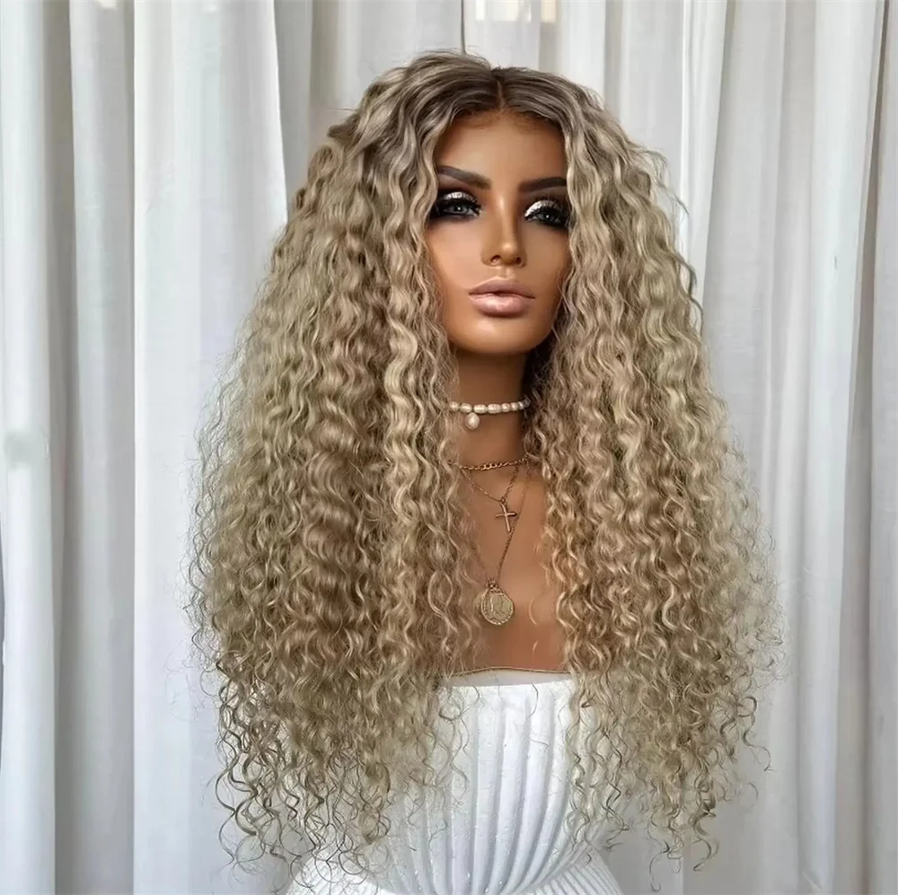 Kinky Curly Wig Long Length Synthetic Wig Glueless Lace Front Wig Ash Blonde Highlights Cosplay Party Wig for Women Preplucked