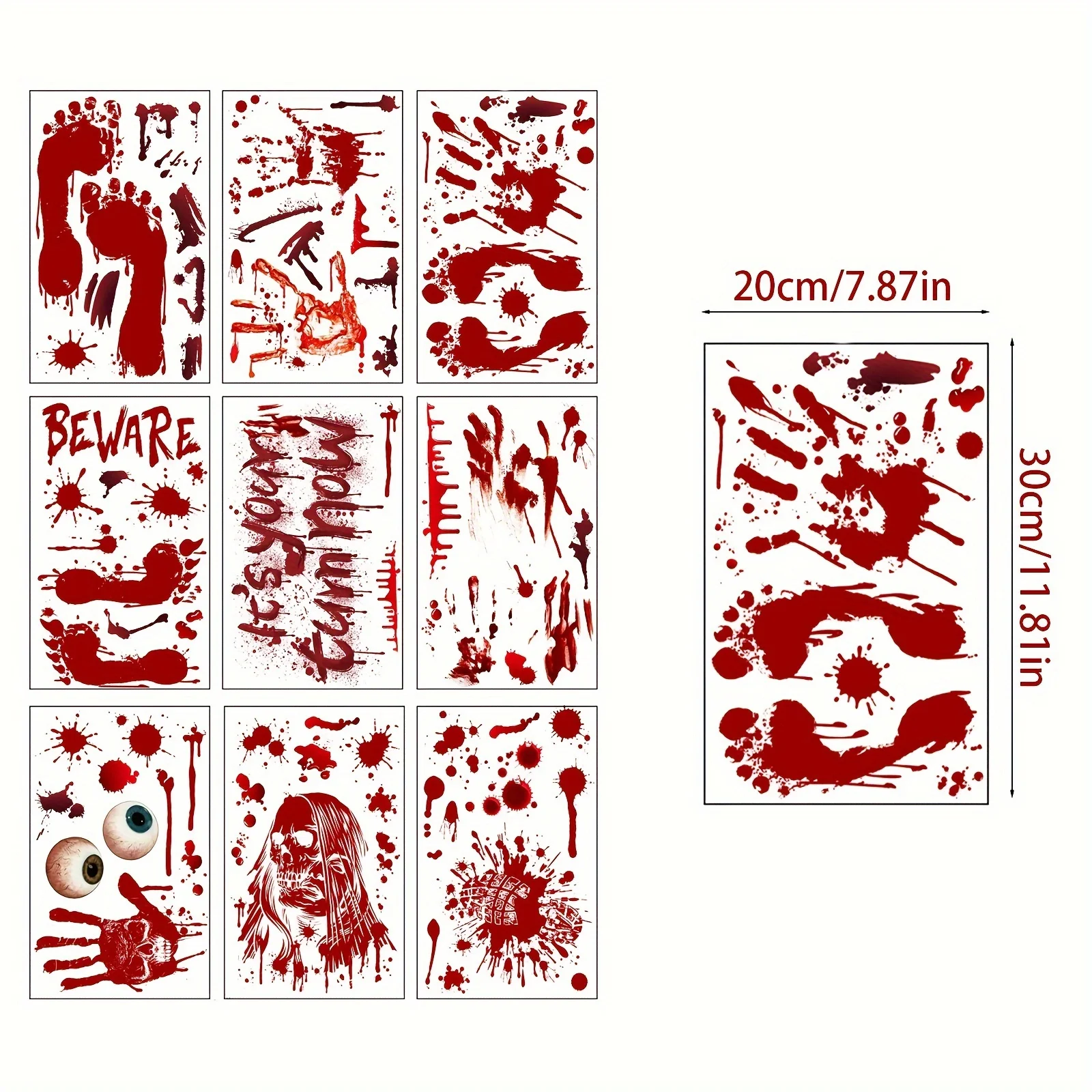 84 قطعة من ملصقات نافذة الهالوين، 8 أوراق لبصمة اليد الدموية/بصمة البصمة، ملصقات نافذة مخيفة لتزيين الحفلات المنزلية ​