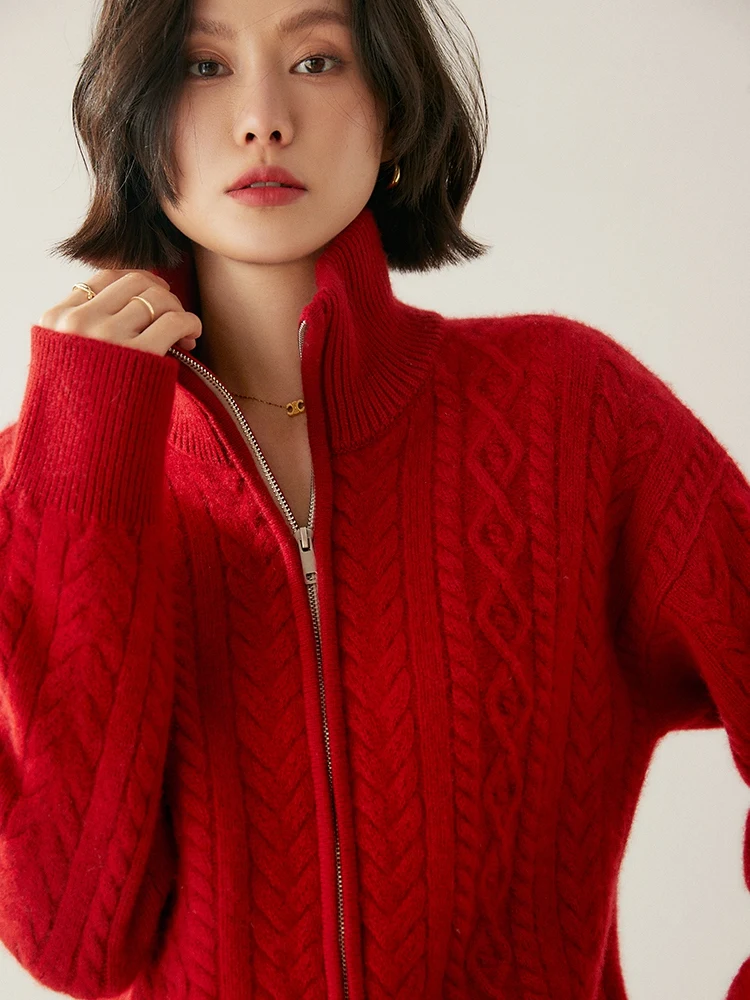 

Autumn Winter Women's Turtleneck Two Way Zipper Cardigan Thick Soft War 100% Cashmere Sweater Cable Stitch Retro Knitwear Tops