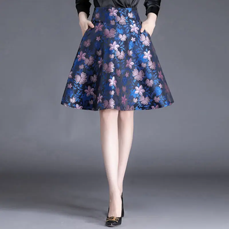 Vintage Printed Pockets Elastic All-match Floral High Waist Skirt Women's Clothing 2024 Spring New Loose Office Lady Skirts