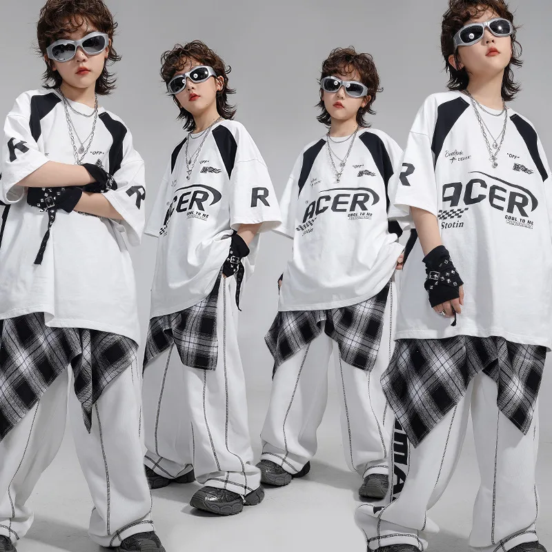 

Street Dance Children Trendy Clothing Boys Short-sleeved Hip-hop Baggy Outfit Children Motorcycle Style Stage Performance Suit
