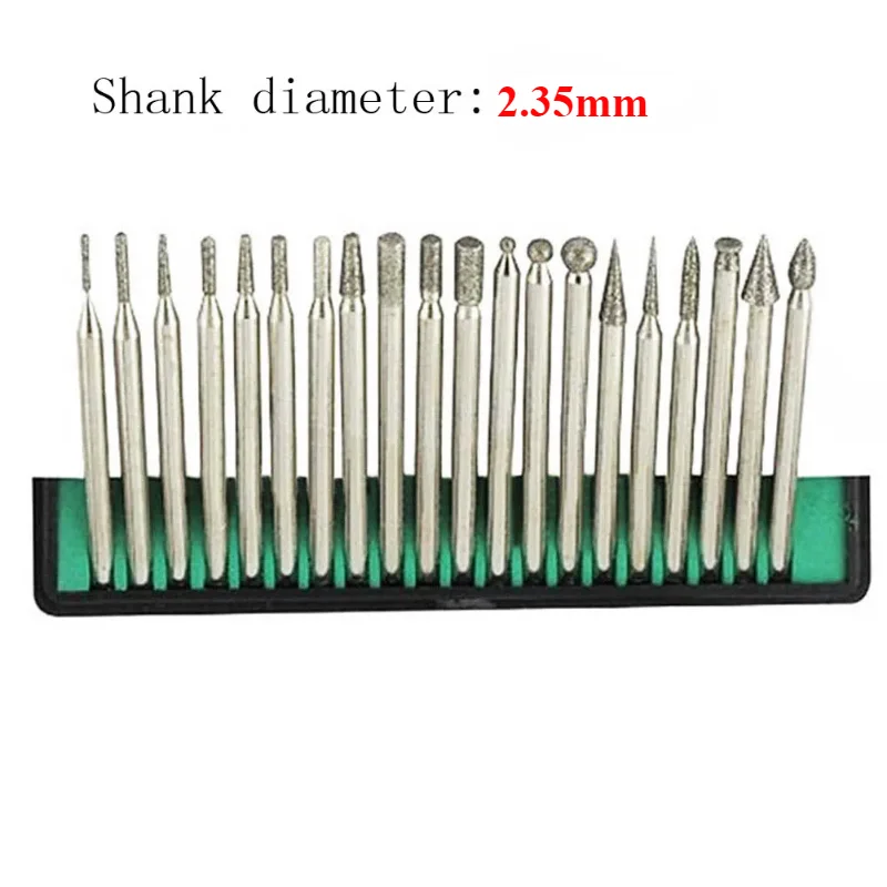 20PCS 2.35mm Shank Diamond Grinding Burr Needle Point Engraving Carving Polishing  Jewelry Jade Stone Drill Bit Rotary Tool Set