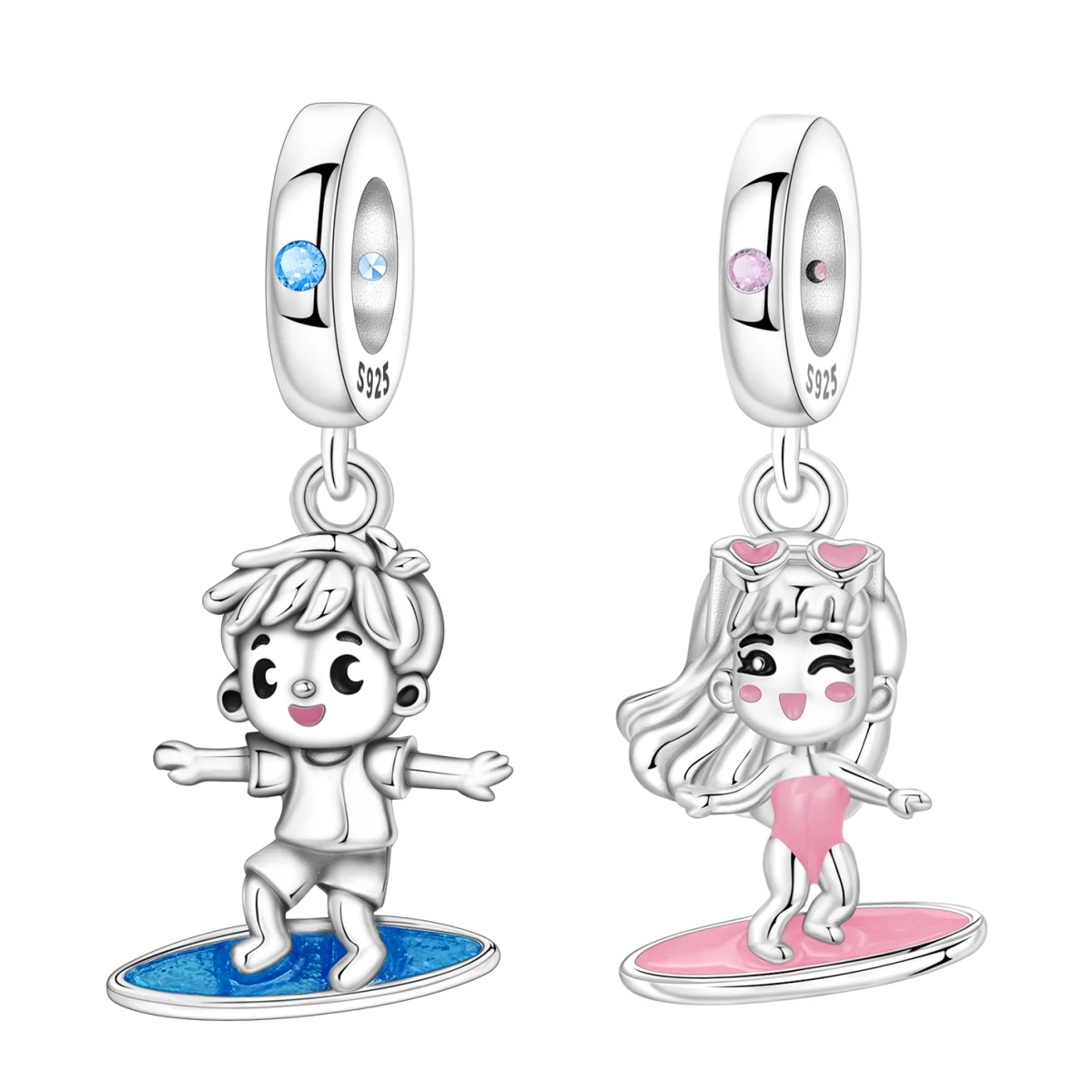 Orstarry S925 Sterling Silber Charm-Anhänger „Kleiner Junge und kleine Mädchen beim Surfen“ für Original-Armband, DIY-Schmuckherstellung, Geschenk ﻿