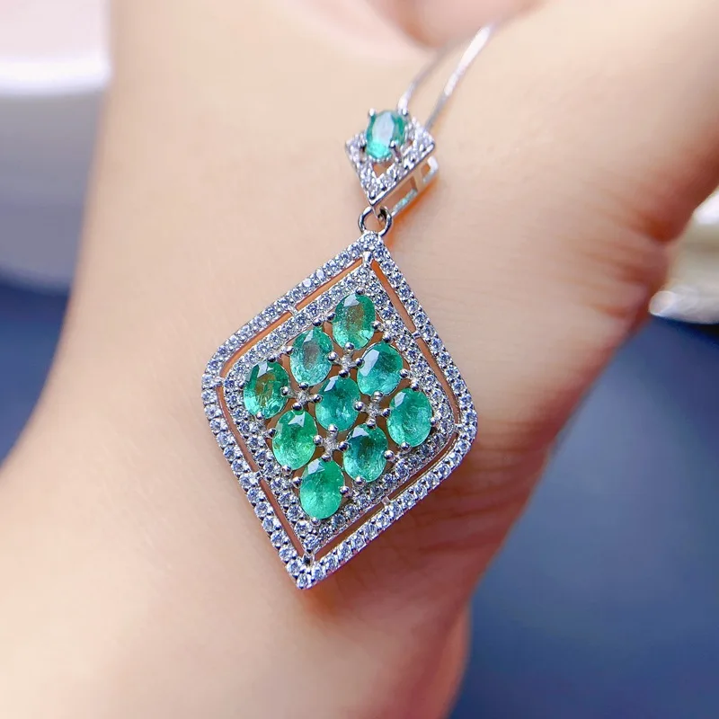 Authentic Original S925 Sterling Silver Natural Genuine Real Emerald Pendant Necklace for Women with Certificate