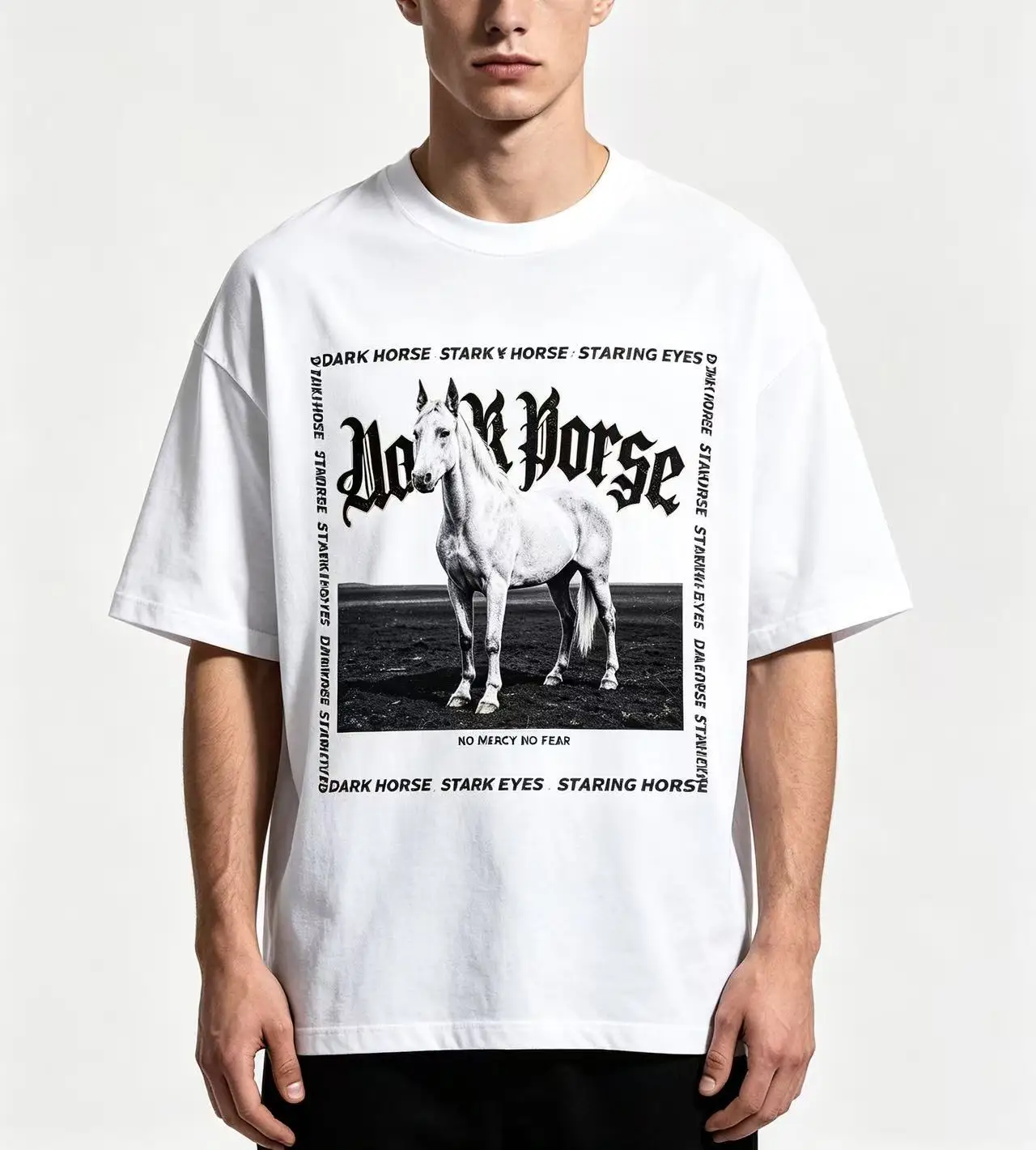Unisex White Horse Dark Horse Gothic Graphic T Shirt Men Women Vintage Black White Portrait Border Print Oversized Crew Neck Casual Streetwear Cotton Tee