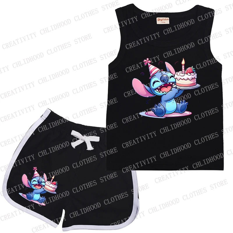 Stitch Strawberry Children Sports Suit Kids Vest & Shorts Disney Cartoons Summer Casual Clothes Sleeveless for Girl Boy Sets