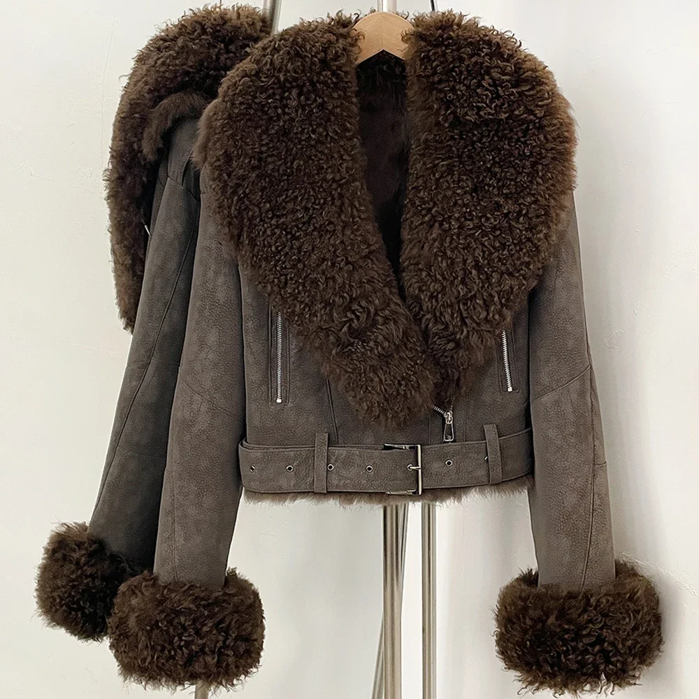OFTBUY Winter-Pelzkleidung für Damen, Kurze Bikerjacke aus Wildleder, Echtes Kaninchenfell-Futter, Lockiges Lammfell, Gürtel, Vintage-Mantel – Detail 6