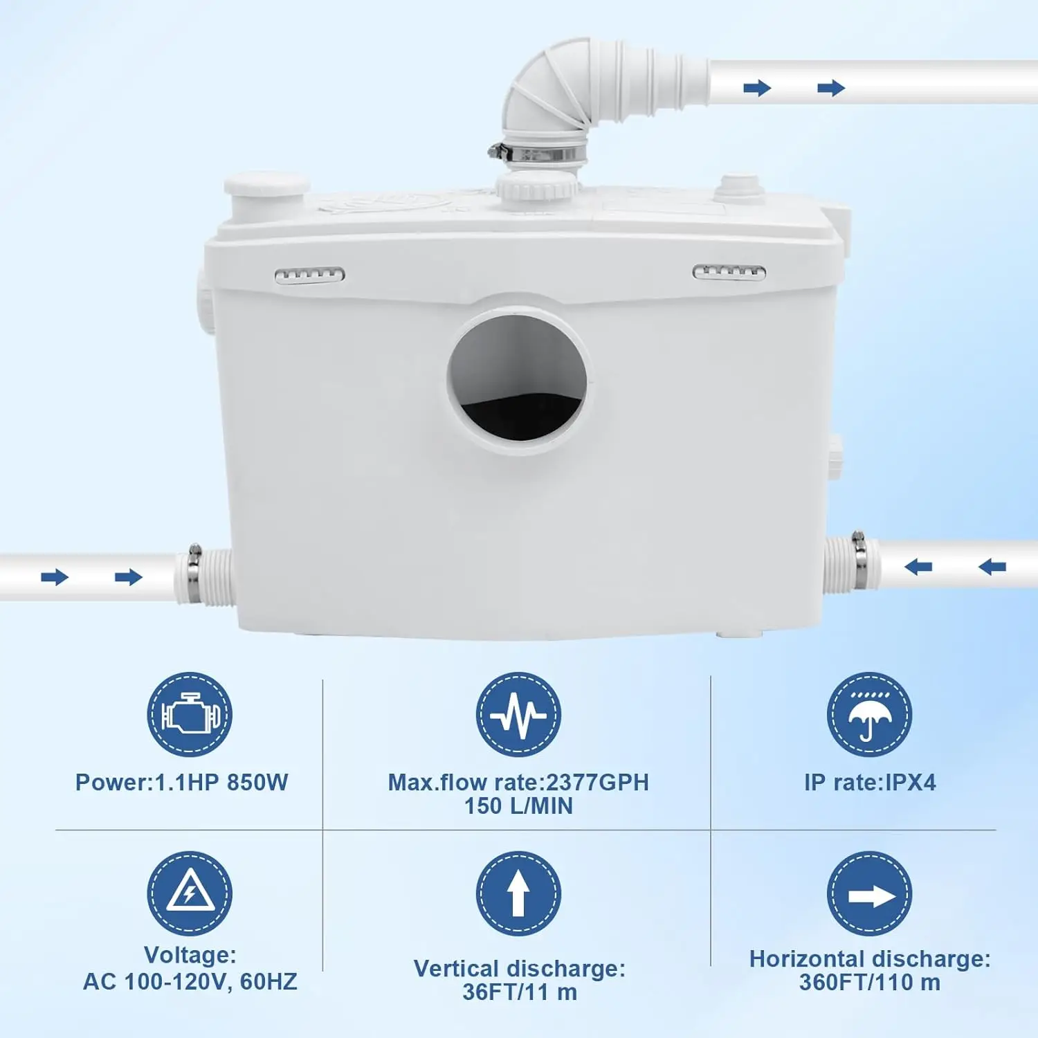 مضخة Macerator بقدرة 800 وات، مضخة تواليت Macecrating للطابق السفلي مع 4 وصلات مائية لمرحاض Macerating والغسيل