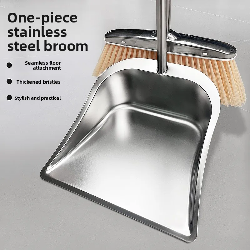Stainless Steel Broom And Dustpan Set Household Cleaning Tools Integrated Design Sweeping Combination for Floor Cleaning