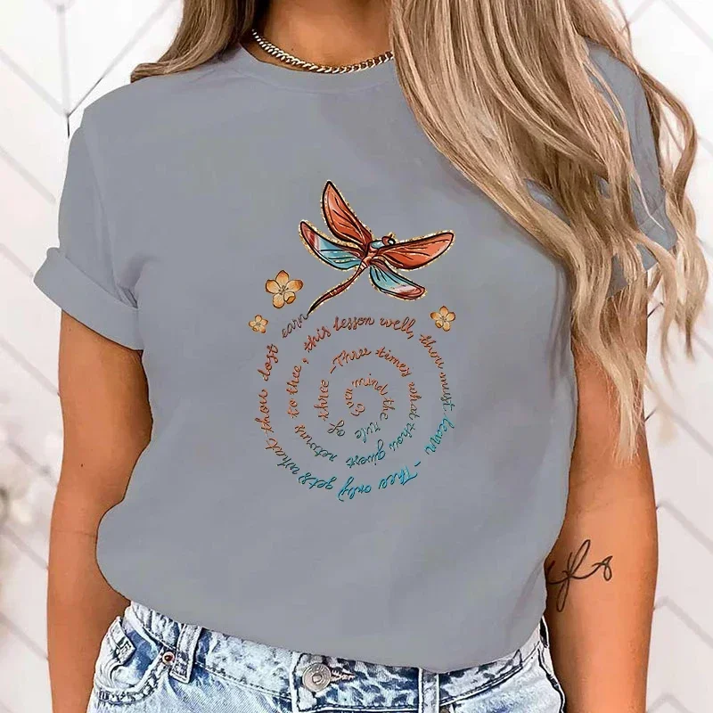 PremiumT-shirt Cute Dragonfly Print T-Shirts For Women Summer Lovely Short Sleeve Casual T-Shirts Funny Ladies Round Neck Tops