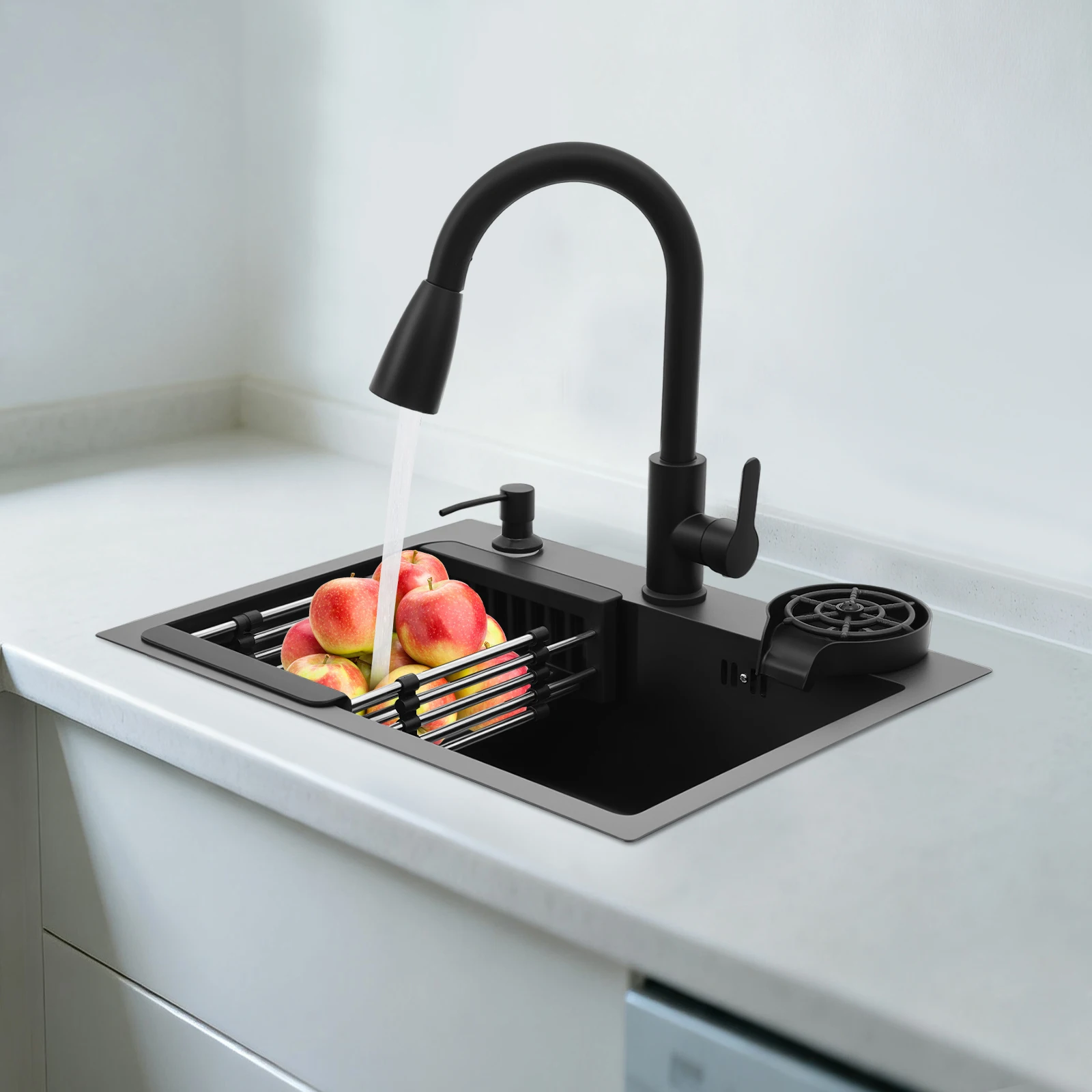 

Black 55x40cm Single Bowl Kitchen Sink - 201 Stainless Steel with Pull-out Faucet & Cup Washer Multifunctional Nano-coating Sink