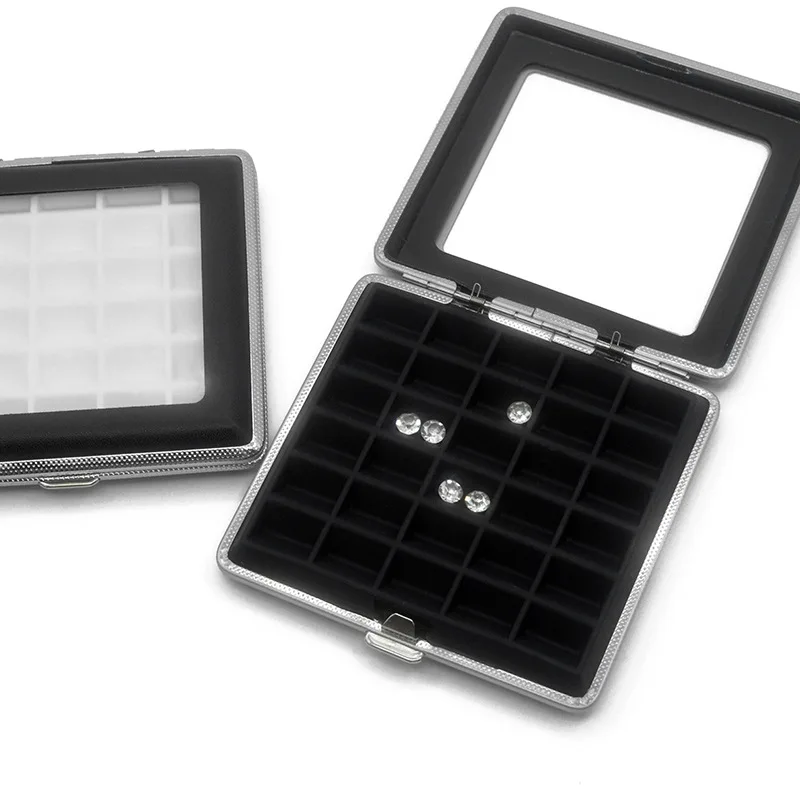 Push Soft Silicone Pad Transparent Glass Gem Box Grid Ring Surface Display Case Metal Bare Stone Container Black