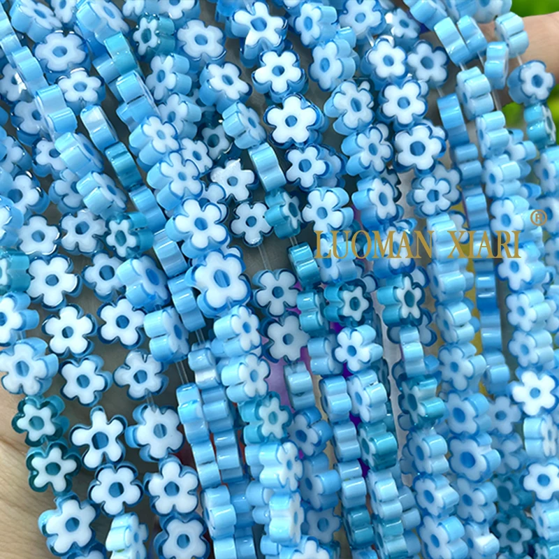4 6 8MM Blue Flower Nepal Style Handmade Glass Glazed Print Lampwork Spacer Beads for Jewelry Making DIY Bracelet Accessories