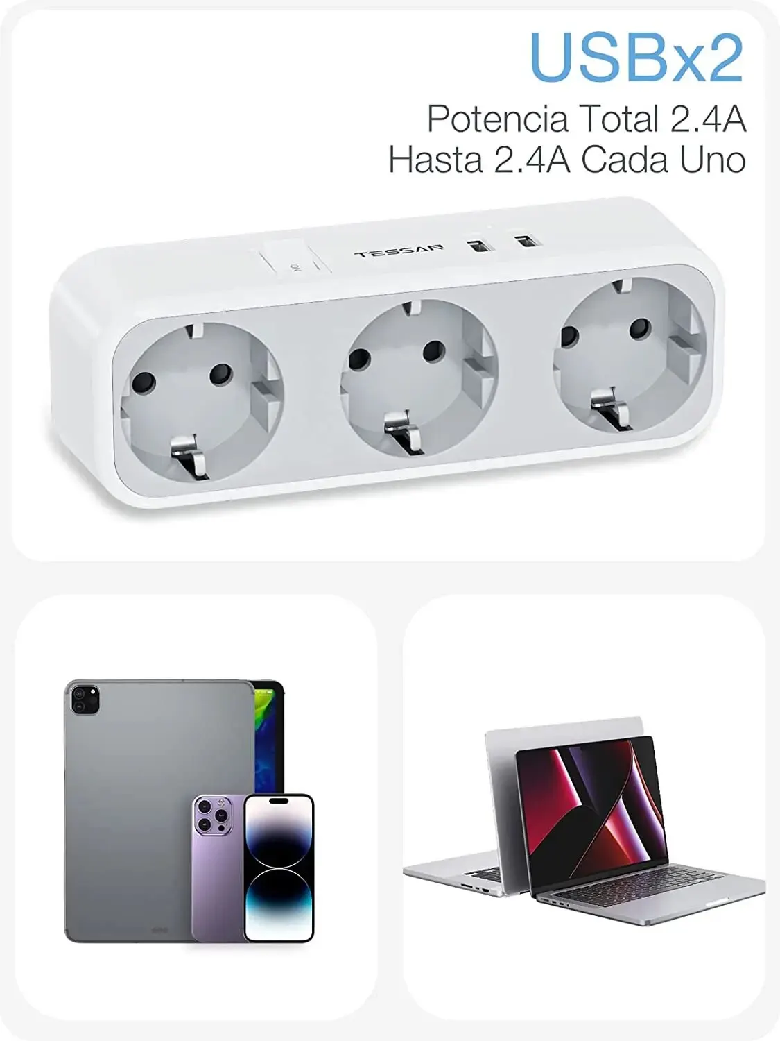 Przedłużacz gniazda ściennego USB TESSAN z 3 gniazdami AC + 2 portami USB Zasilacz z wtyczką EU Przełącznik zabezpieczający przed przeciążeniem do