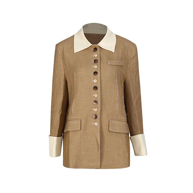 

Women Turn-Down Collar Long Sleeve Coat Patchwork Button Coat