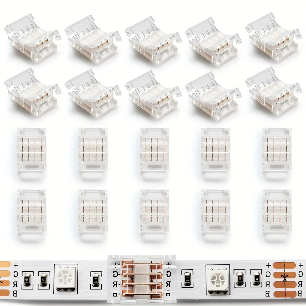 10/20pcs 4Pin LED Strip Connectors for 8/10mm Wide RGB LED Strips,No Soldering & Wiring, Easy Splice SMD 5050 Multi-Color Strips