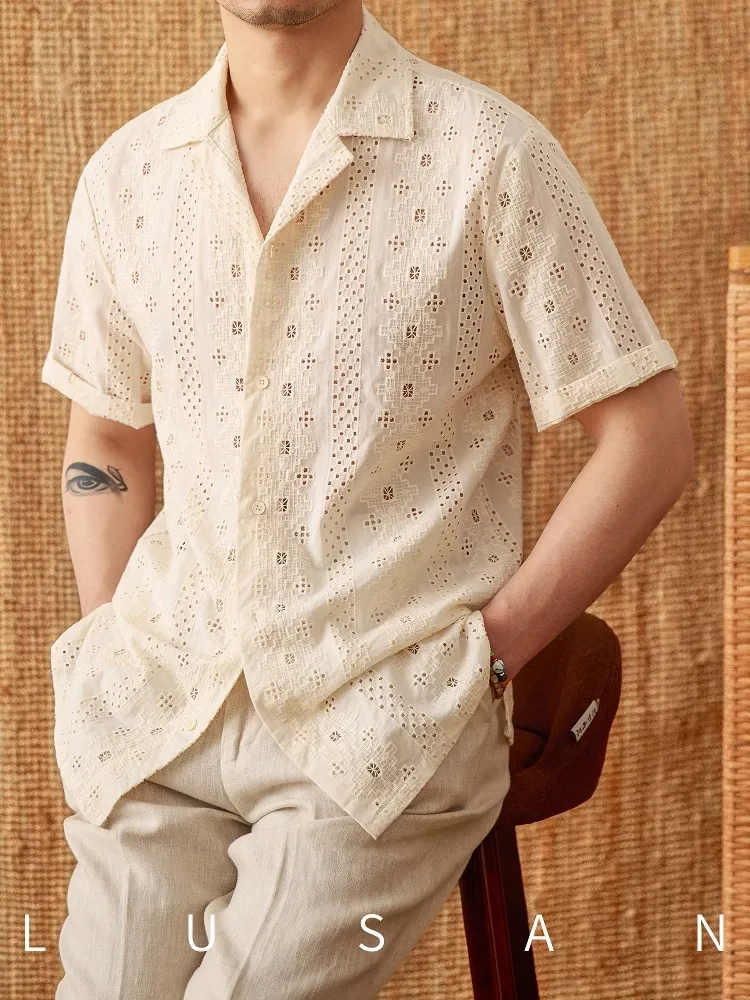 

Men's Pure Cotton Cuban Collar Shirt - Summer Jacquard Lace Short Sleeve Breathable Retro Vacation Top