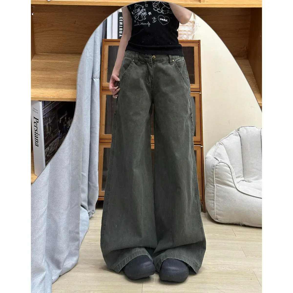 밀리터리 와이드 레그 워크웨어 청바지 여성 여름 신상 디자인 미국식 하이웨이스트 루즈 슬림핏 롱 팬츠