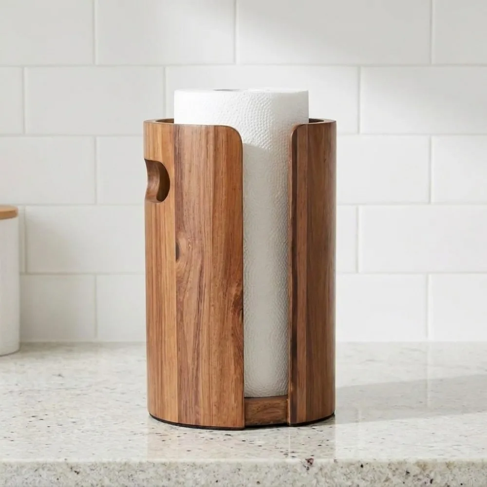 Cylindrical Shape Wooden Paper Towel Holder Waterproof Anti‑Splash Paper Towel Stand Freestanding Paper Roll Organizer