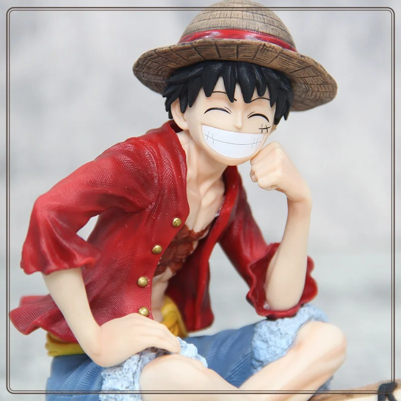 13CM One Piece Figure IU Sitting Luffy Smiling Face Holding Hands One Piece Straw Hat Luffy Animation Model Desktop Ornament