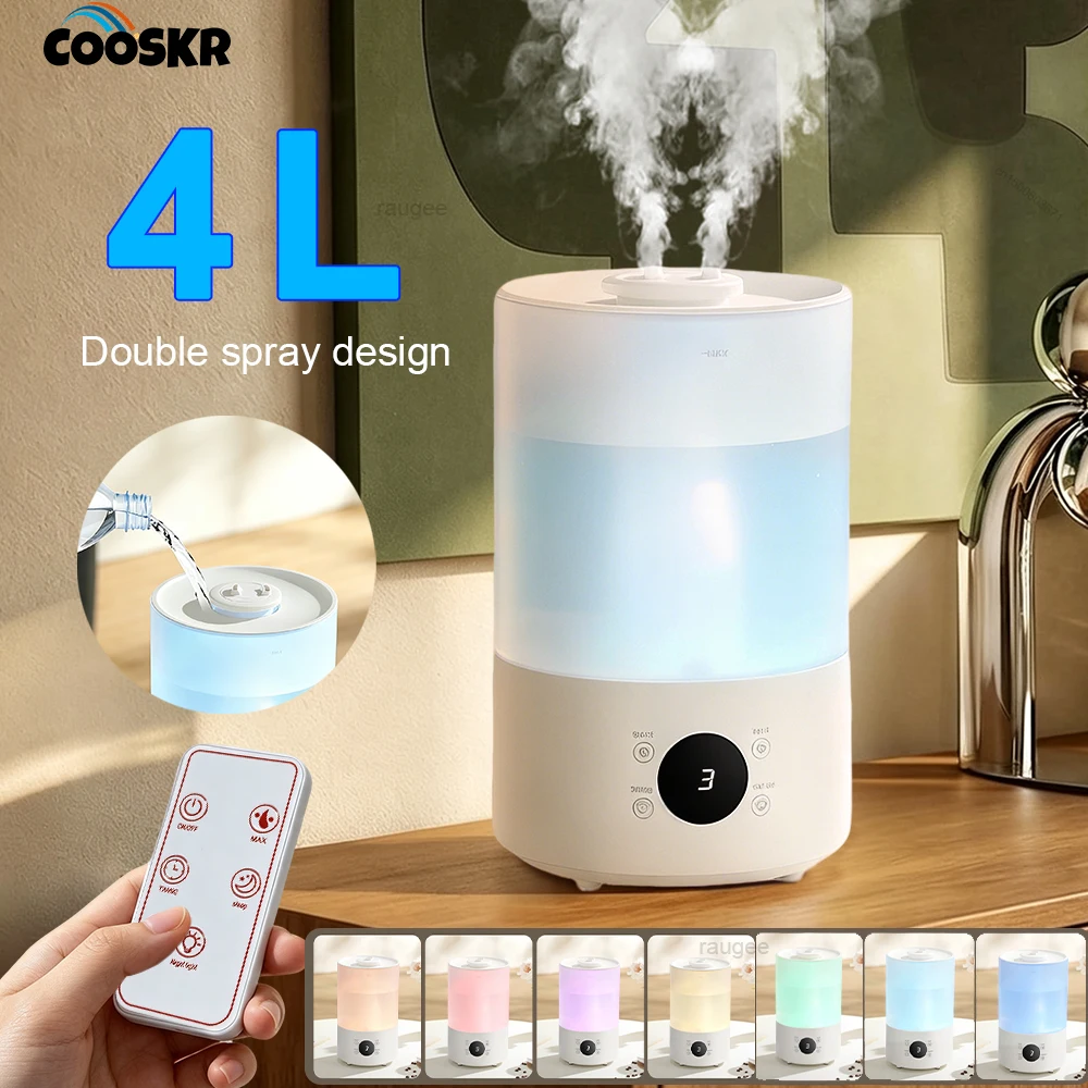Double Spray Port  Air Humidifier 4L Large Humidifier For Home Essential Oil Diffuser Mute Atomizer 7 Colorful Light Humidifiers