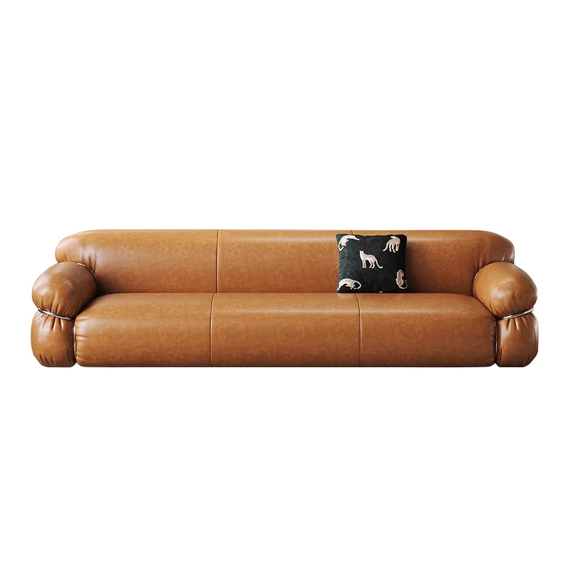 

tr- Mid-Century Nordic Style Steel Tooth Leather Sofa Minimalist Modern Design Sponge Filling Oil Wax Living Room Furniture&