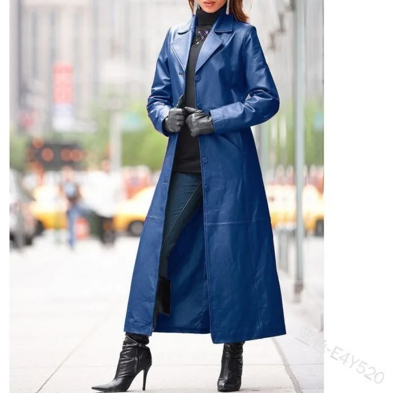 

2025 New Women's Clothing European and American Women's Clothing Button Leather Jacket Long Coat Large Size Leather Trench Coat
