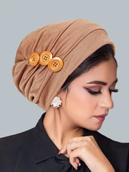 사이드 버튼 여성 Hijab 솔리드 컬러 이슬람 숙녀 터번 보닛 부드러운 탄성 머리 랩 머리 스카프 인도 모자