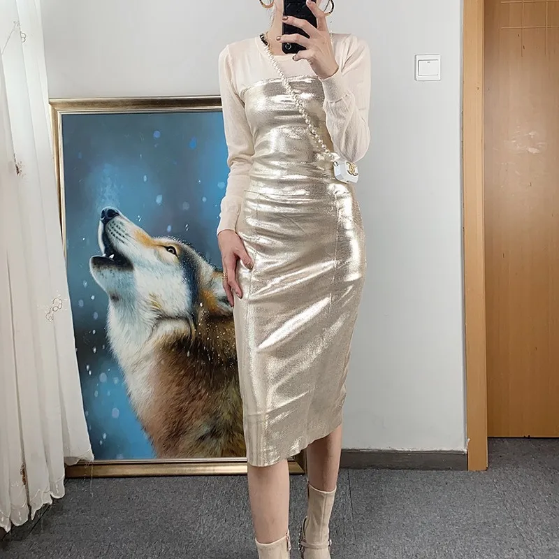 

2023 New Genuine Sheepskin Leather Back Slit Skirt Tight Sexy Hip-covering Stretch Leather Skirt E55