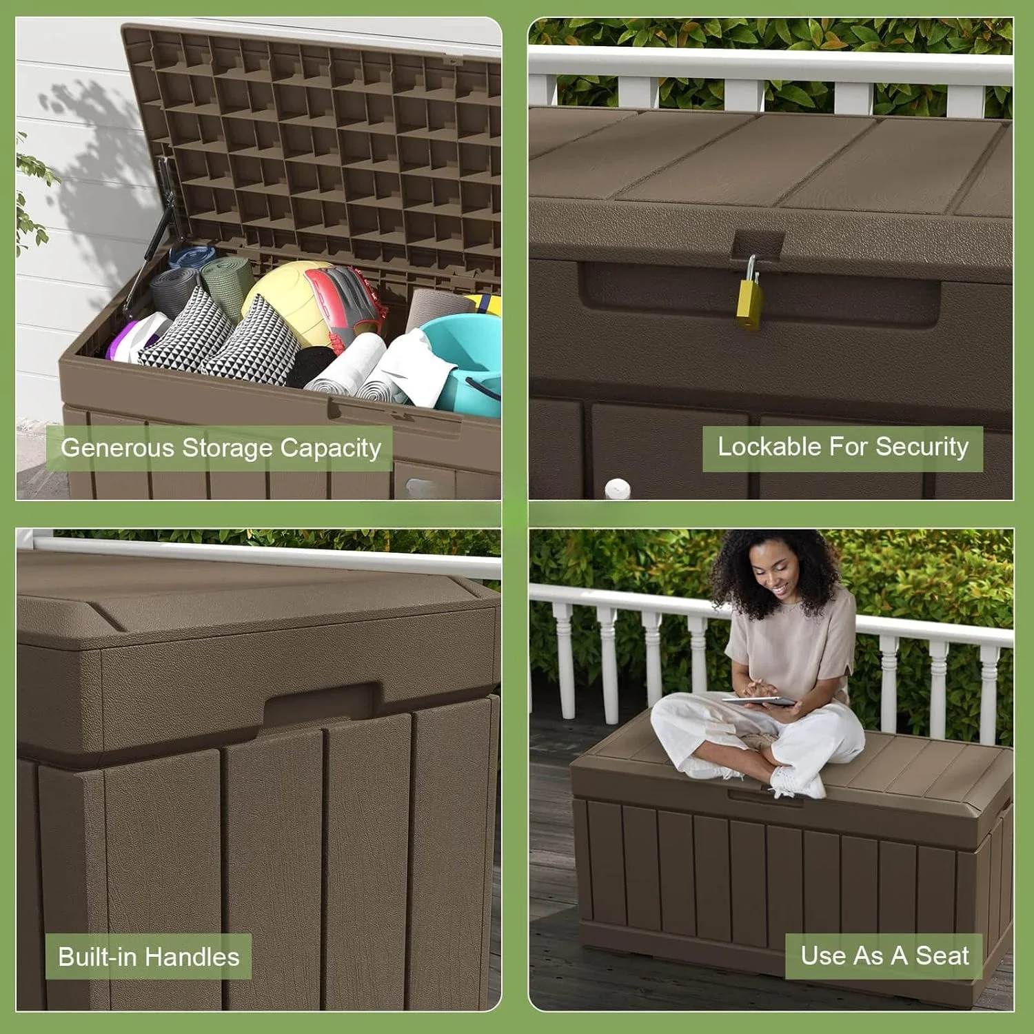 Resin Deck Box, Waterproof Large Wood Look Storage Box for Patio Furniture, Pool Accessories, Garden Tools and Sports Equipment