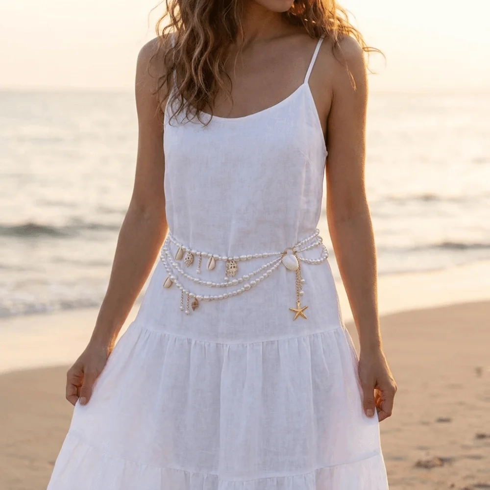 Multilayer Pearl Waist Chain Starfish Shell Pendant Stylish Body Chain Belt Elegant All-match Waist Accessories Beach Vacation