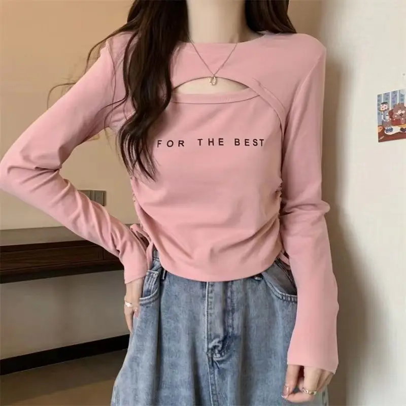 Fashion Letter Loose Hollow Out Shirring Lace Up T-Shirts Female Clothing 2023 Autumn Winter Casual Printed Tops Sweet Tee Shirt