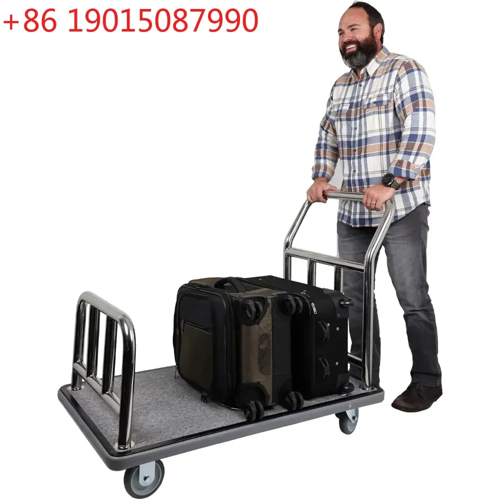 

Value Valet Utility Cart - Brushed Stainless Steel Hotel Cart w/Grey Carpet & 5" Wheels - Compact Travel Luggage Trolley