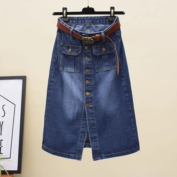 

Bust high waist slim fit, medium and long denim spring new retro one-row buckle split fork hip wrap A-shaped skirt
