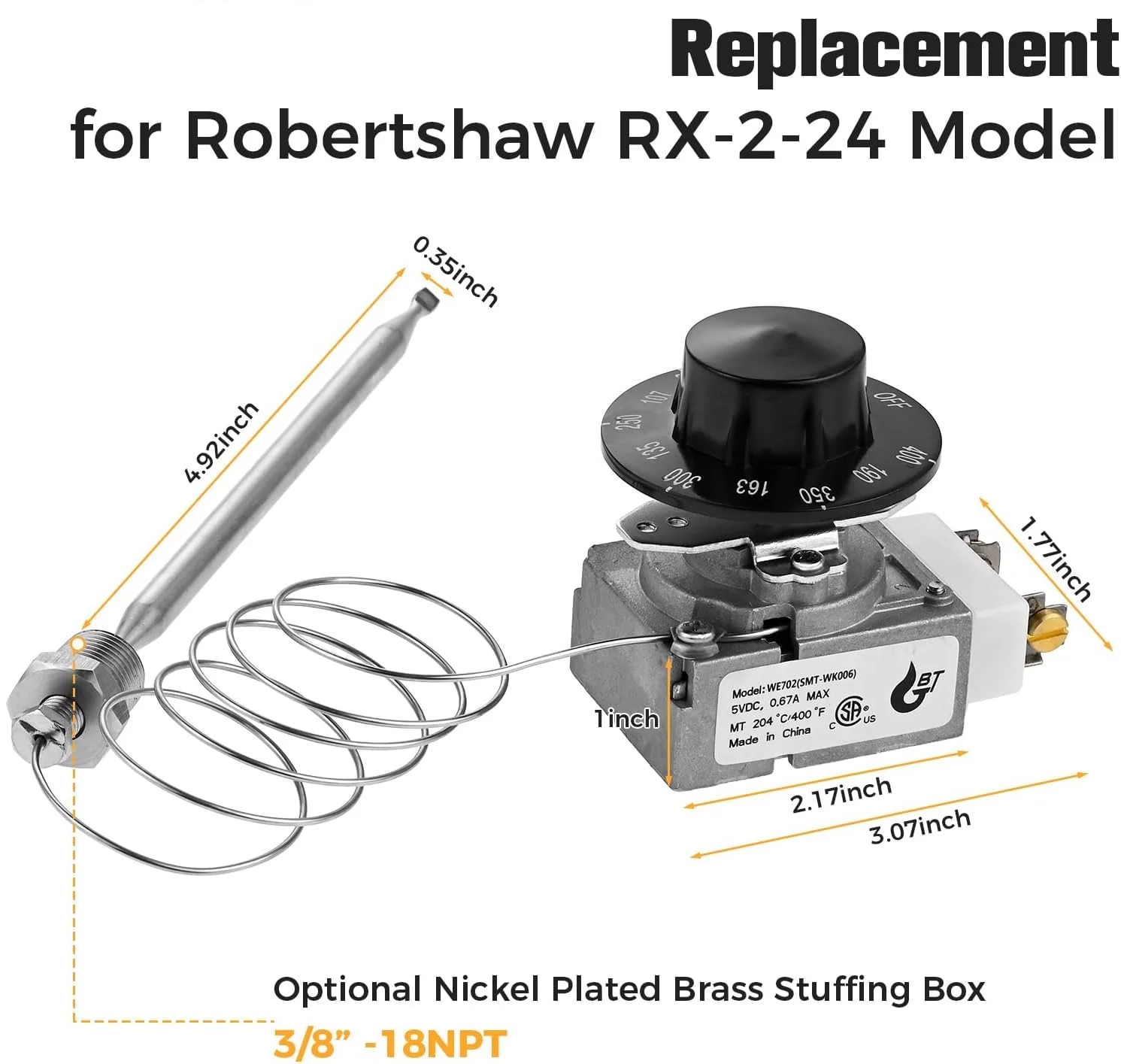 1pc High Limit Switch Safety Thermostat with Control Knob Minivolt Thermostat Control Replacement of Robertshaw Model RX-2-24