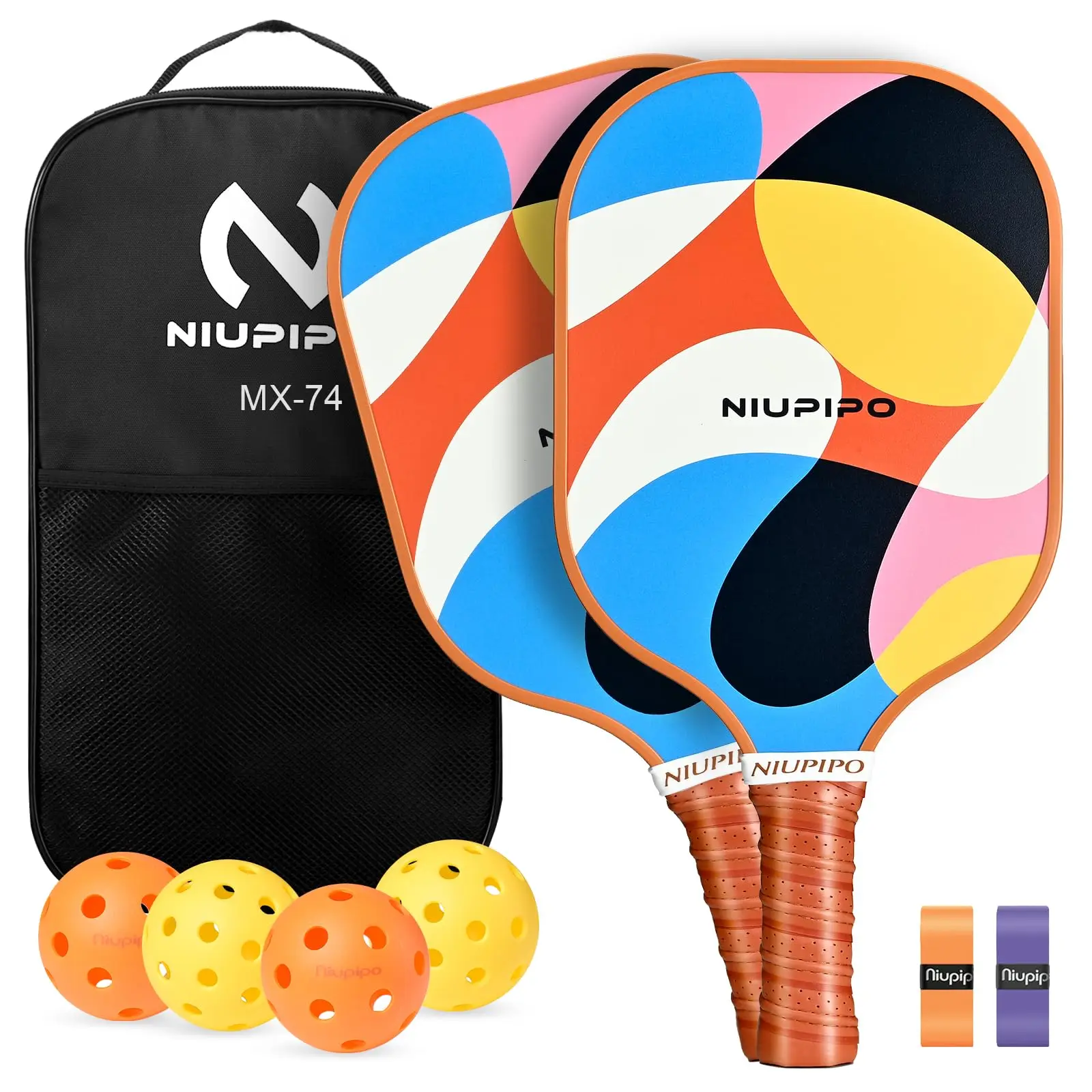 niupipo-colorful-geometric-pickleball-paddles-set-2-player-kit-with-4-pickleballs-portable-bag-perfect-for-beginners-pros